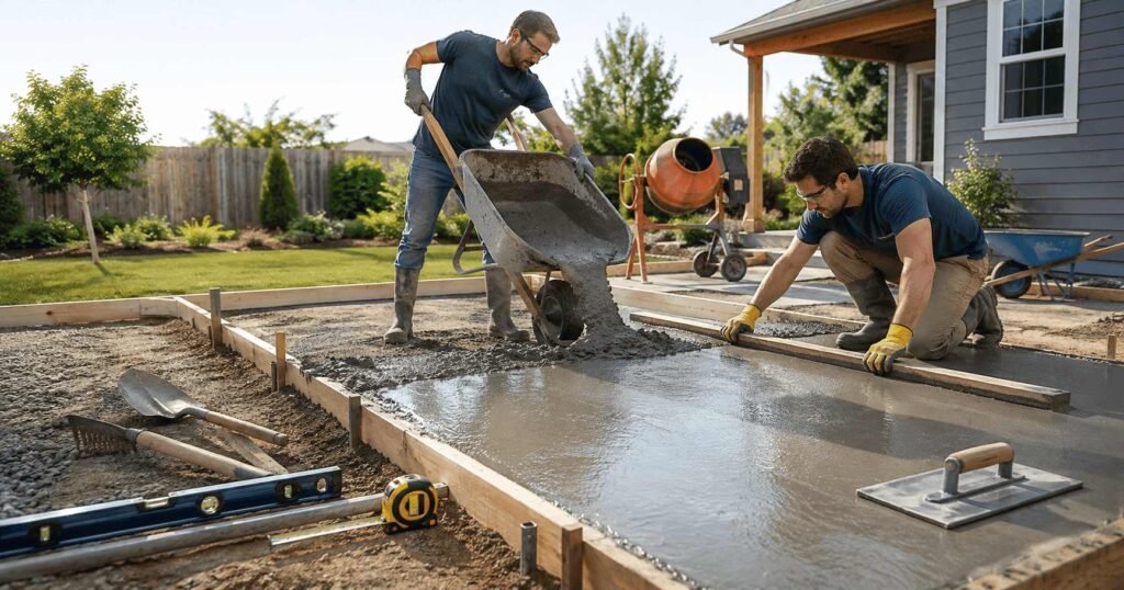 Homeowner pouring and leveling a concrete slab in a wooden formwork using DIY construction tools in a residential backyard and they know how to mix concrete by hand