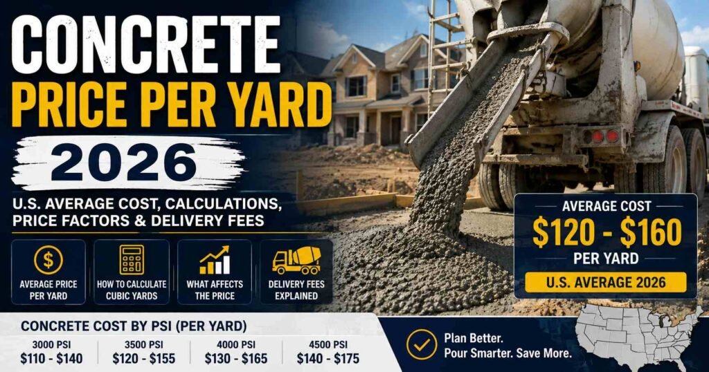 Concrete price per yard 2026 guide showing average concrete costs, cubic yard calculations, price factors, and delivery fees