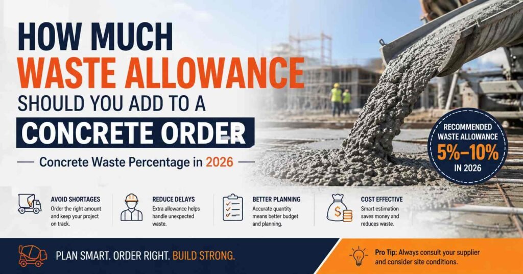 How Much Waste Allowance Should You Add to a Concrete Order showing concrete pouring and a 5%–10% waste allowance