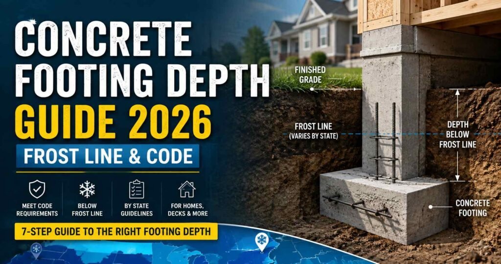 Concrete footing depth guide showing frost line, footing depth, and building code requirements for homes and decks