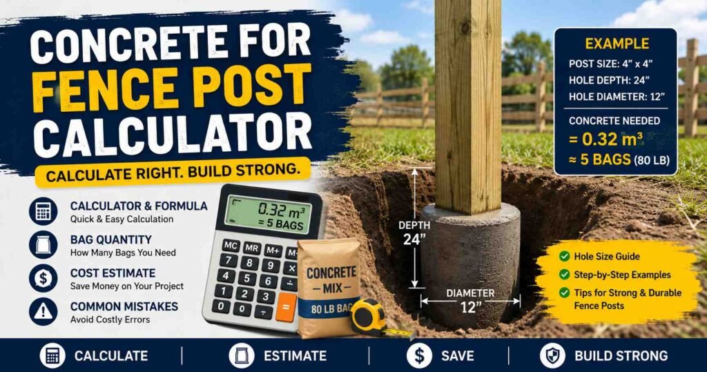 Concrete for Fence Post Calculator showing fence post hole size, concrete bag quantity, and cost estimate