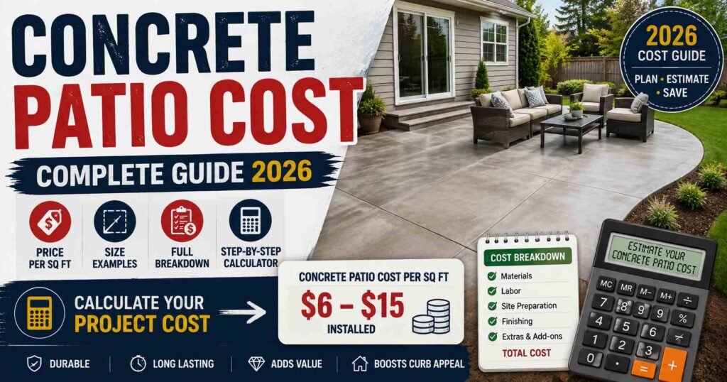 Concrete patio cost in 2026 showing price per square foot, cost breakdown, size examples, and project cost calculator
