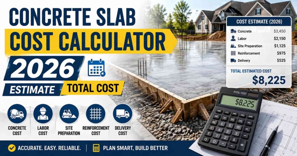 Concrete slab cost calculator 2026 showing estimated concrete, labor, site preparation, reinforcement, and delivery costs