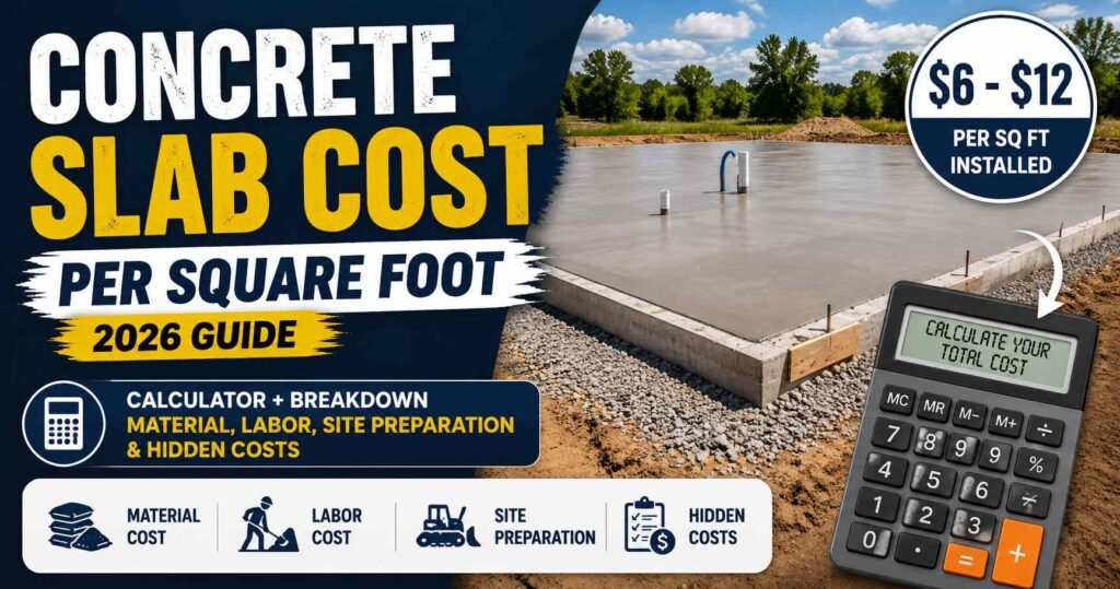 Concrete slab cost per square foot in 2026 showing $6-$12 installed cost, calculator, material, labor, site preparation, and hidden costs