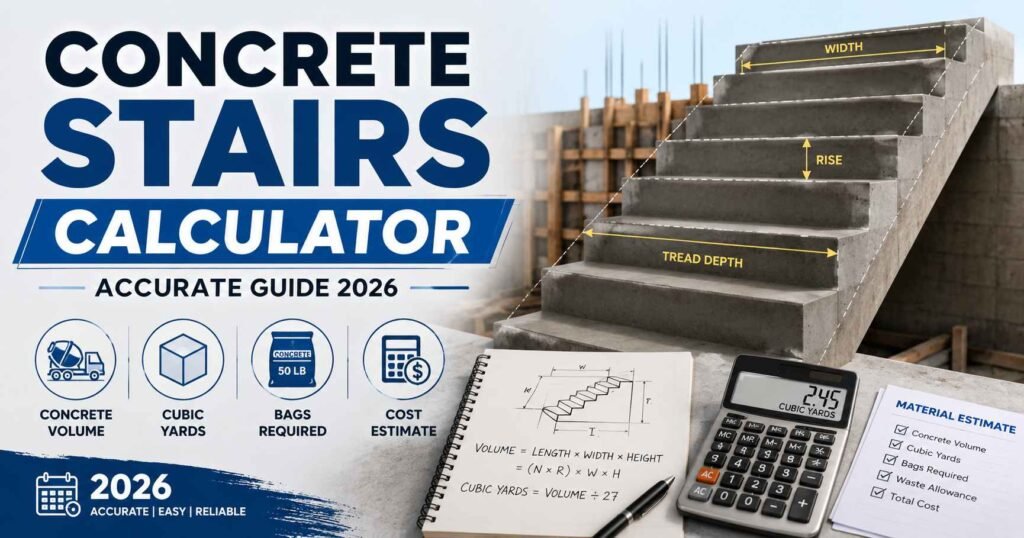 Concrete stairs calculator showing stair dimensions, concrete volume, cubic yards, bags required, and cost estimate for 2026