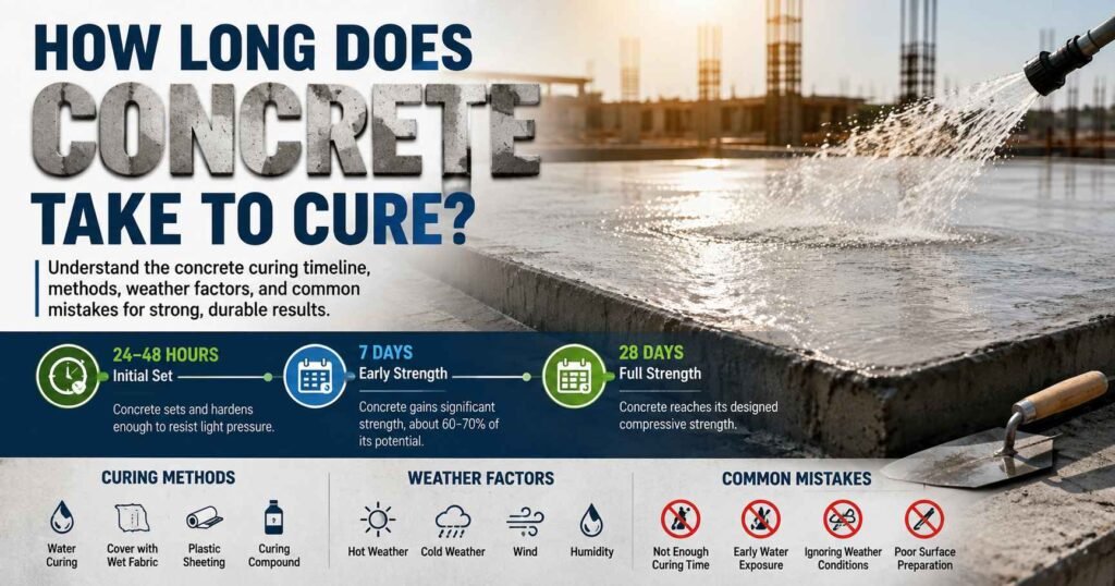 How long does concrete take to cure showing 24–48 hour, 7-day, and 28-day curing timelines, methods, and weather factors