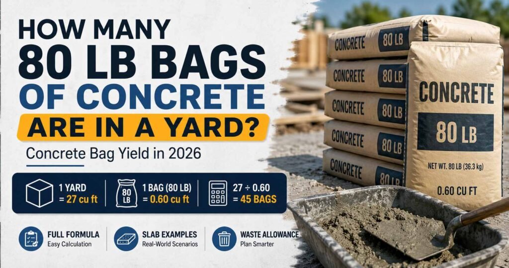 How many 80 lb bags of concrete are in a yard, showing 45 bags per cubic yard and concrete bag yield calculation