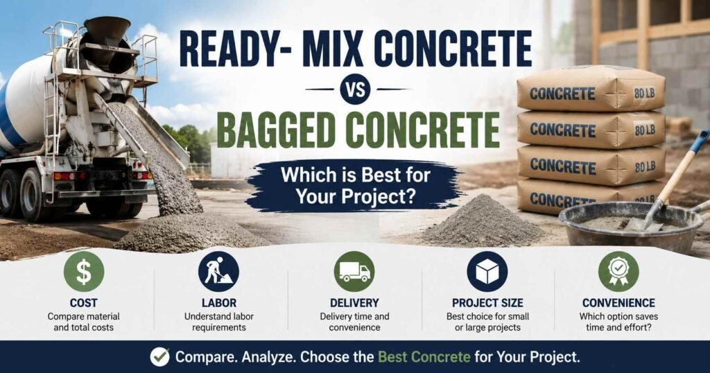 Ready-Mix Concrete vs Bagged Concrete comparison showing a concrete mixer truck and bags of concrete with cost, labor, delivery, and project size factors