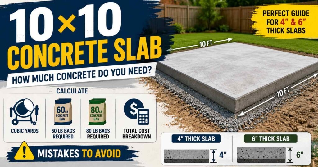 10×10 concrete slab showing concrete amount, cubic yards, 60 and 80 lb bags, cost, and 4-inch vs 6-inch thickness