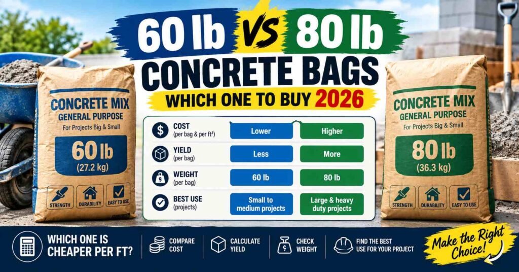 60 lb vs 80 lb concrete bags comparison showing cost, yield, weight, and best use for concrete projects in 2026