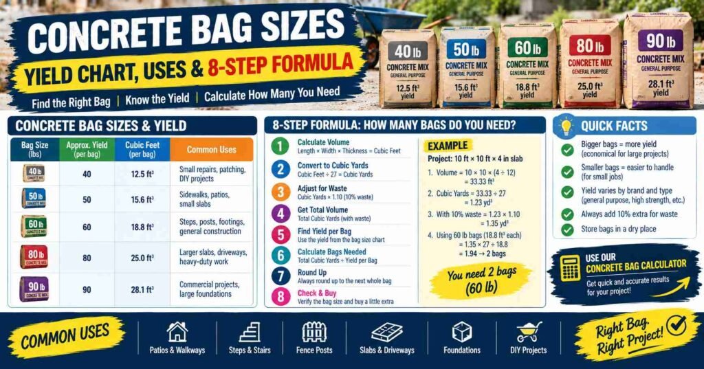 Concrete bag sizes from 40 to 90 lb showing yield chart, common uses, and an 8-step formula to calculate bags needed