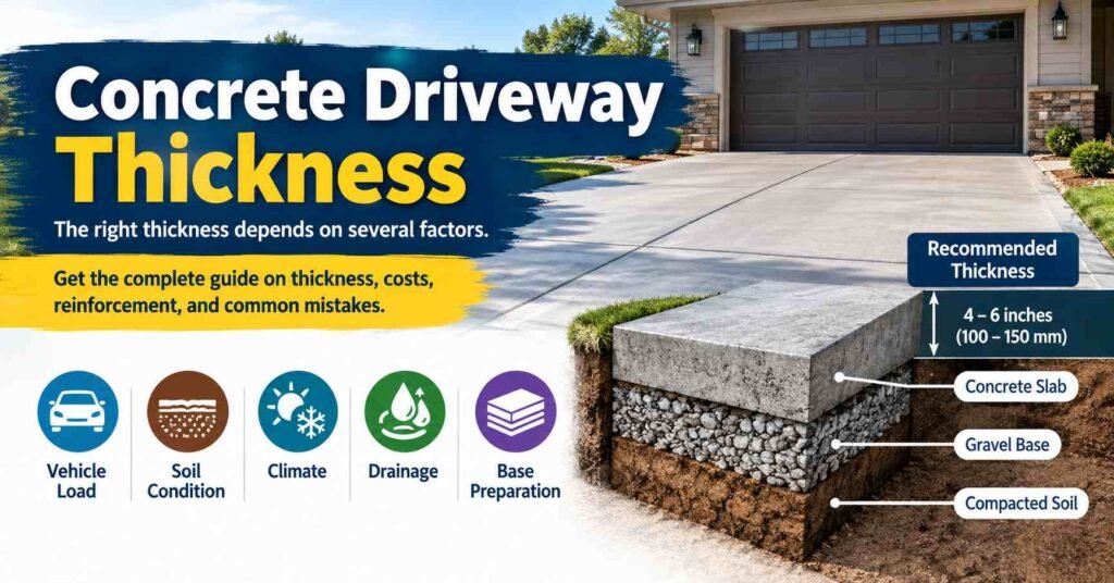 Concrete Driveway Thickness guide showing recommended 4–6 inch concrete slab thickness, gravel base, compacted soil, and key factors including vehicle load, soil condition, climate, drainage, and base preparation.
