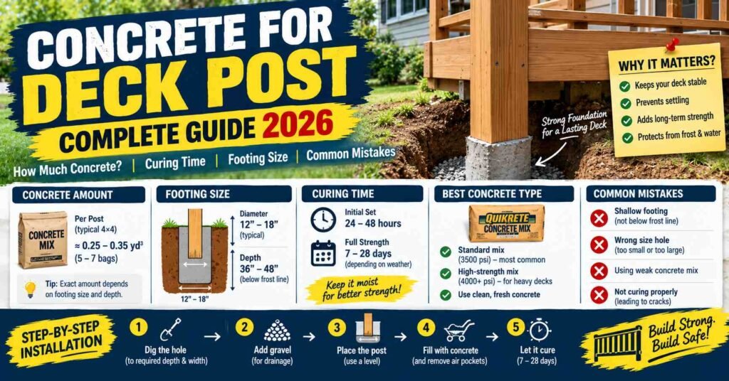Concrete for deck post showing concrete amount, footing size, curing time, best concrete type, and common installation mistakes