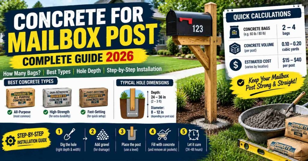 Concrete for mailbox post showing concrete bags, hole depth, best concrete types, and step-by-step installation guide