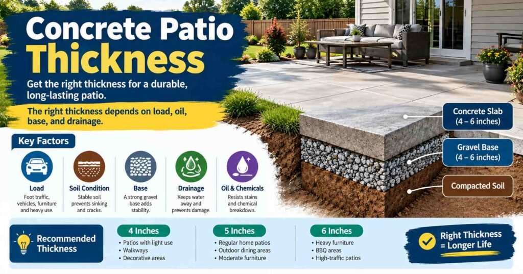 Concrete Patio Thickness guide showing how load, soil, base preparation, and drainage affect durability, with recommendations for 4, 5, or 6 inches of concrete.