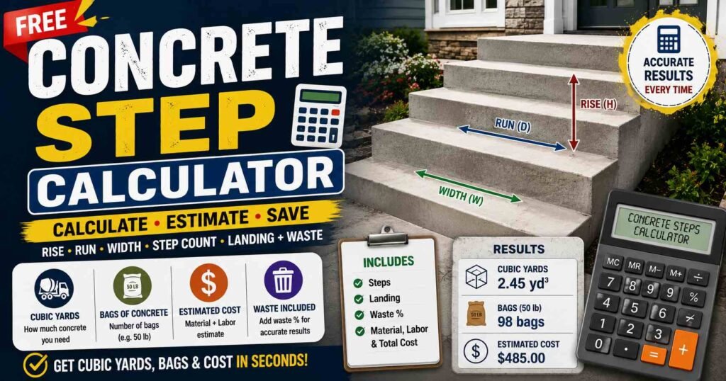 Concrete step calculator showing rise, run, width, step count, cubic yards, concrete bags, cost, landing, and waste calculations