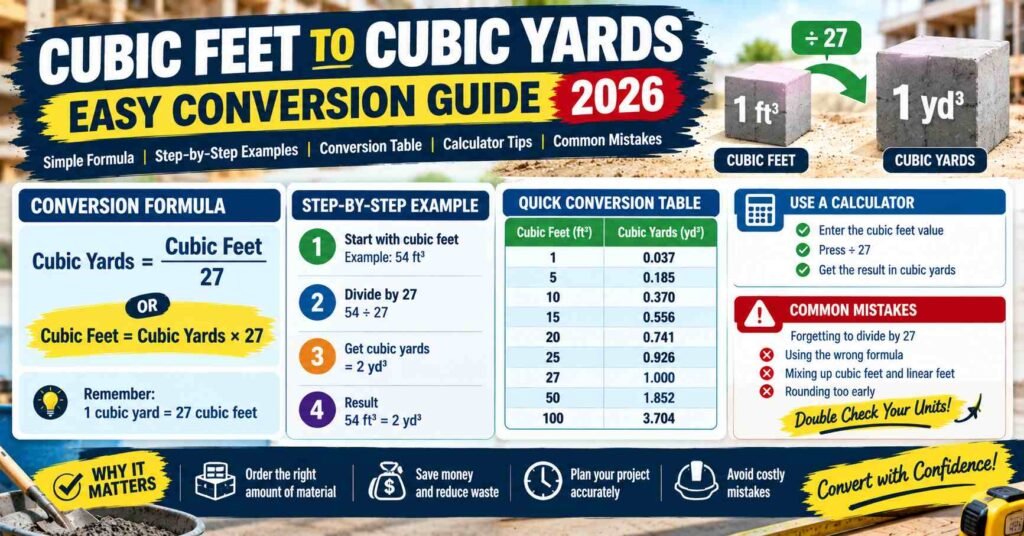 Cubic feet to cubic yards conversion guide showing the divide-by-27 formula, step-by-step example, conversion table, calculator tips, and common mistakes