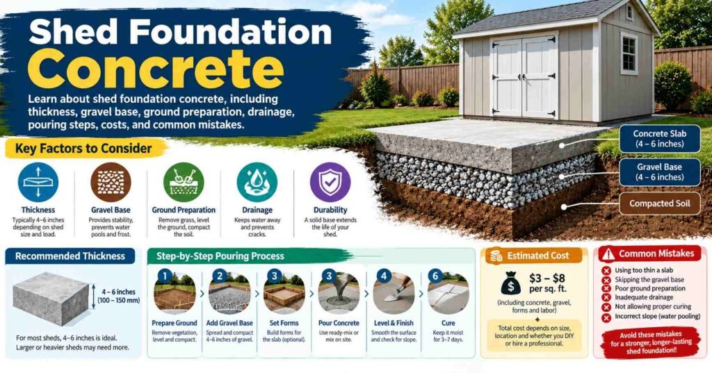 Shed Foundation Concrete guide showing recommended slab thickness, gravel base, ground preparation, drainage, pouring steps, costs, and common foundation mistakes.