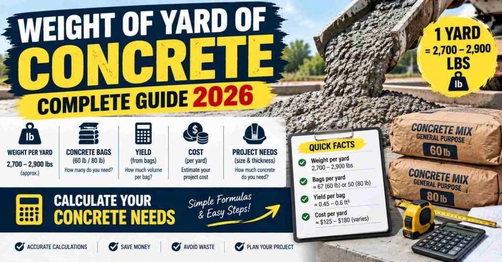 Weight of a yard of concrete in 2026 showing 2,700 to 2,900 pounds, concrete bag yield, cost, and project calculation