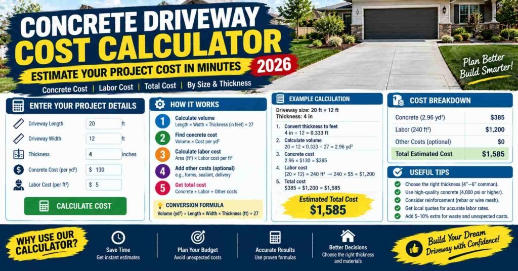 Concrete driveway cost calculator showing driveway dimensions, concrete volume, material cost, labor cost, total cost estimate, and calculation formula for 2026