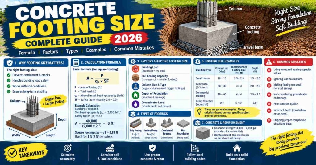 Concrete footing size guide for 2026 showing calculation formula, building load, soil bearing capacity, footing types, size examples, depth, reinforcement, and common mistakes