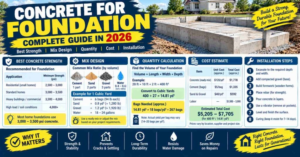 Concrete for foundation complete guide in 2026 featuring recommended concrete strength, mix design, foundation quantity calculator, cost estimates, and step-by-step installation process