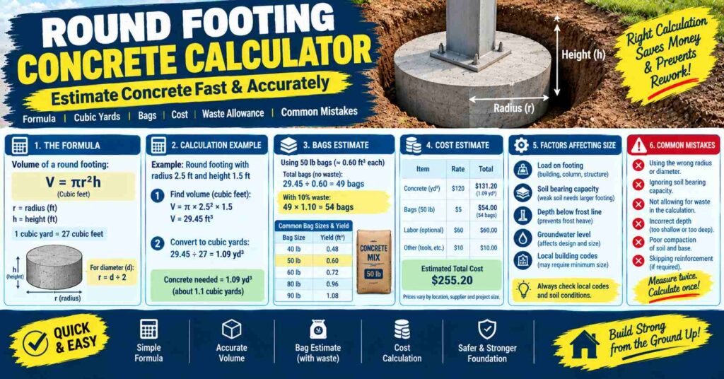 Round footing concrete calculator showing the cylinder volume formula, radius and height measurements, cubic yard conversion, concrete bag estimates, waste allowance, cost breakdown, and common calculation mistakes