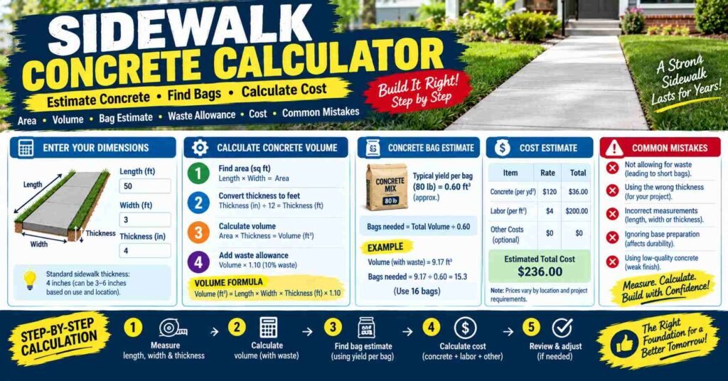 Sidewalk concrete calculator showing length, width, thickness, concrete volume formula, bag estimates, waste allowance, cost breakdown, and common mistakes