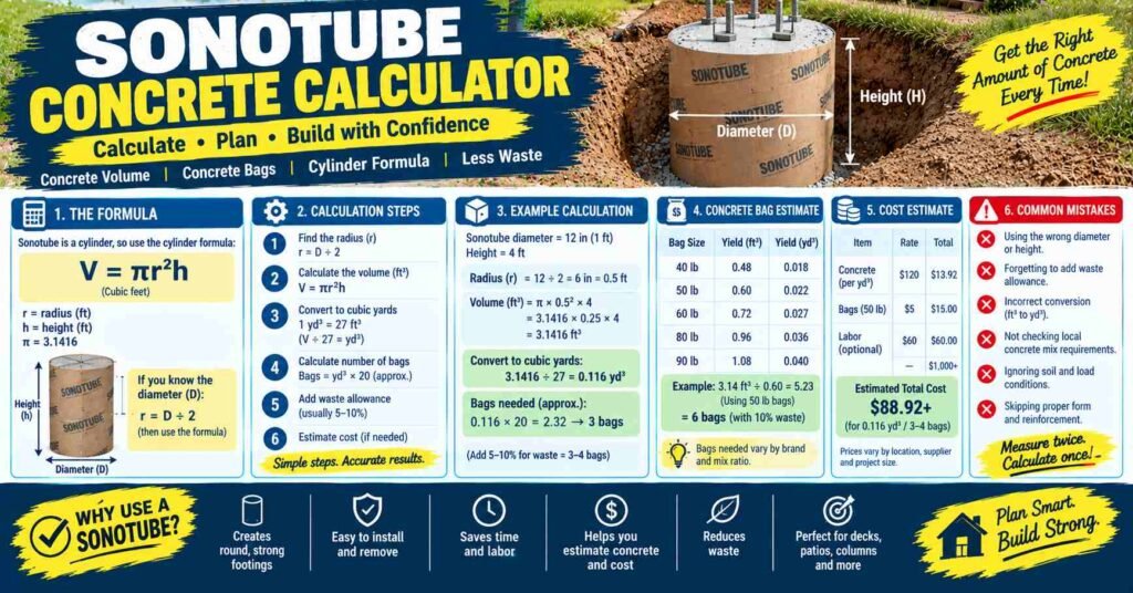 Sonotube concrete calculator showing the cylinder volume formula, diameter and height measurements, concrete volume calculation, bag yield chart, cost estimate, waste allowance, and common mistakes